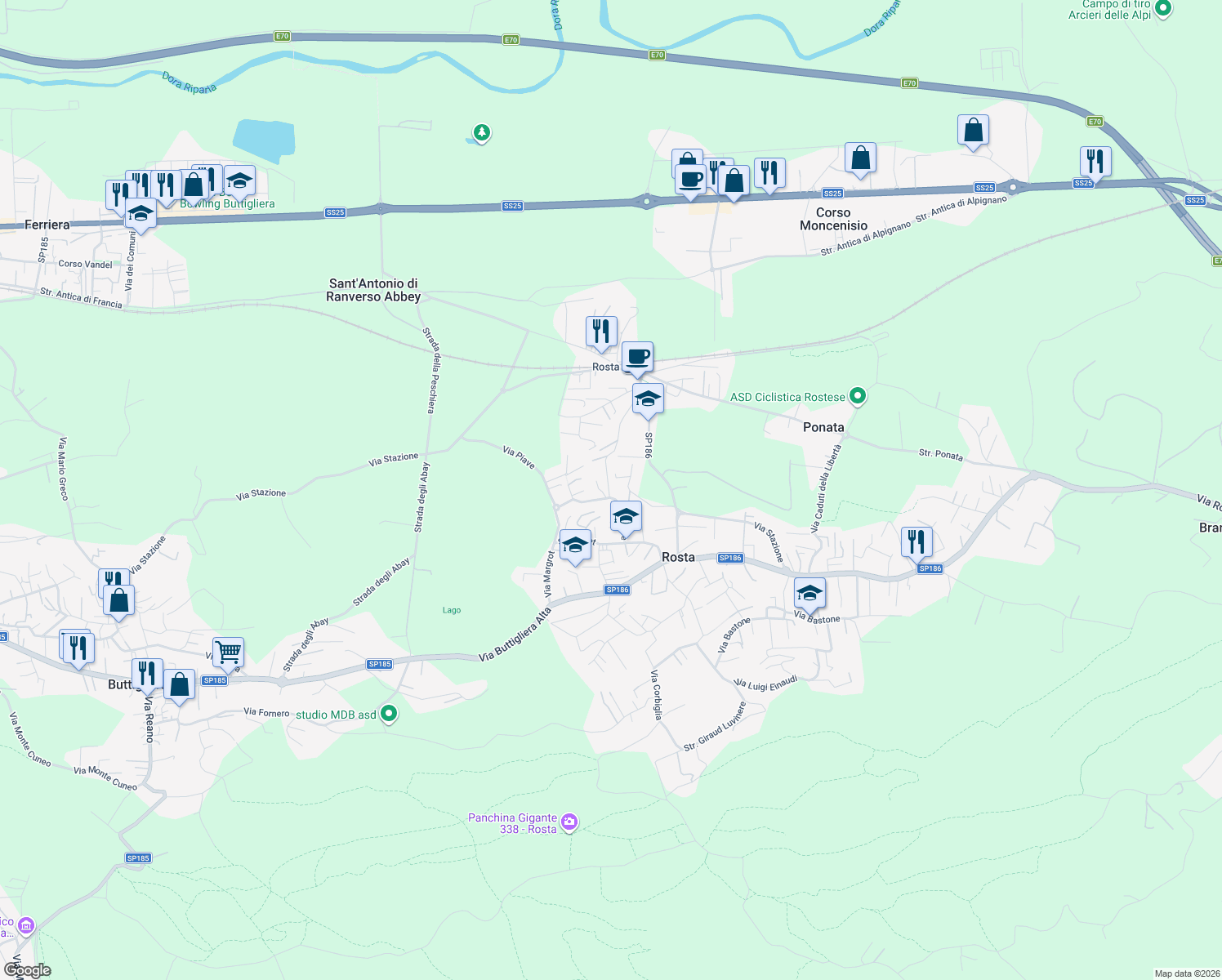 map of restaurants, bars, coffee shops, grocery stores, and more near 31 Vicolo Chianale in Rosta