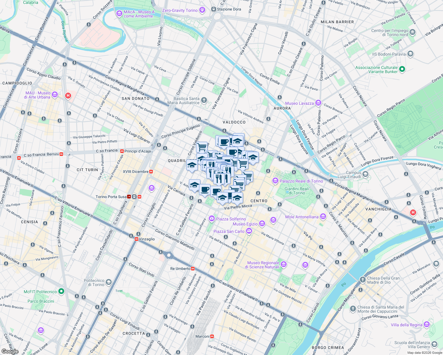map of restaurants, bars, coffee shops, grocery stores, and more near 31 Via Giuseppe Garibaldi in Torino