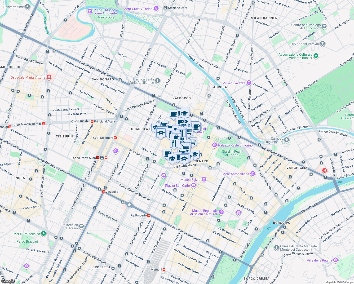 map of restaurants, bars, coffee shops, grocery stores, and more near 5/F Via Gian Francesco Bellezia in Torino