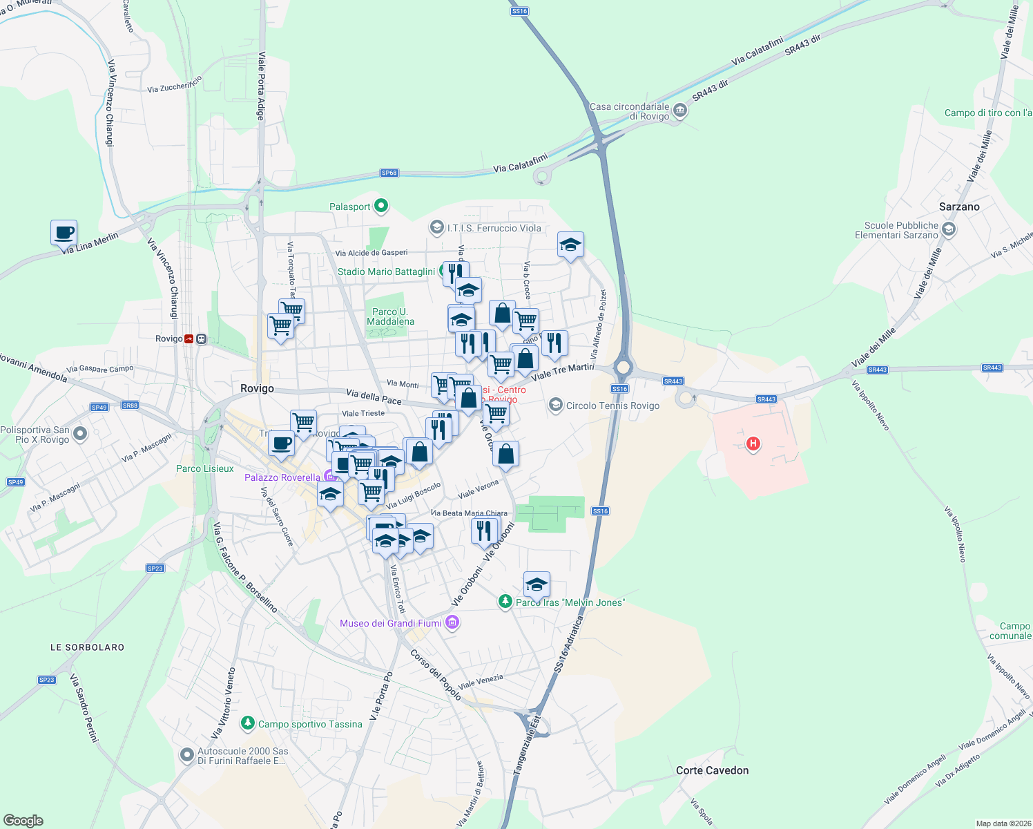 map of restaurants, bars, coffee shops, grocery stores, and more near 23-27 Via Fratelli Cairoli in Rovigo