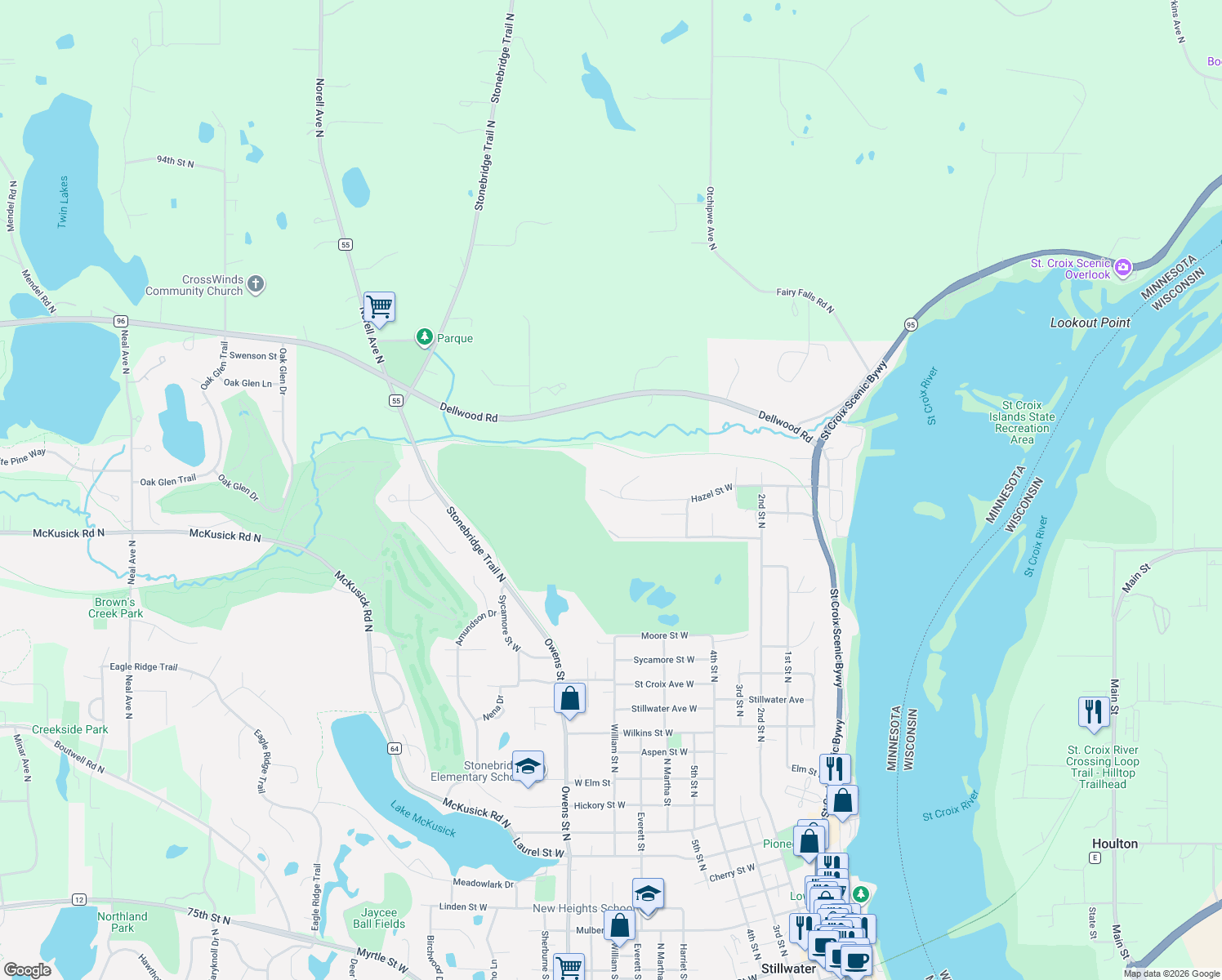 map of restaurants, bars, coffee shops, grocery stores, and more near 1902 William Street North in Stillwater