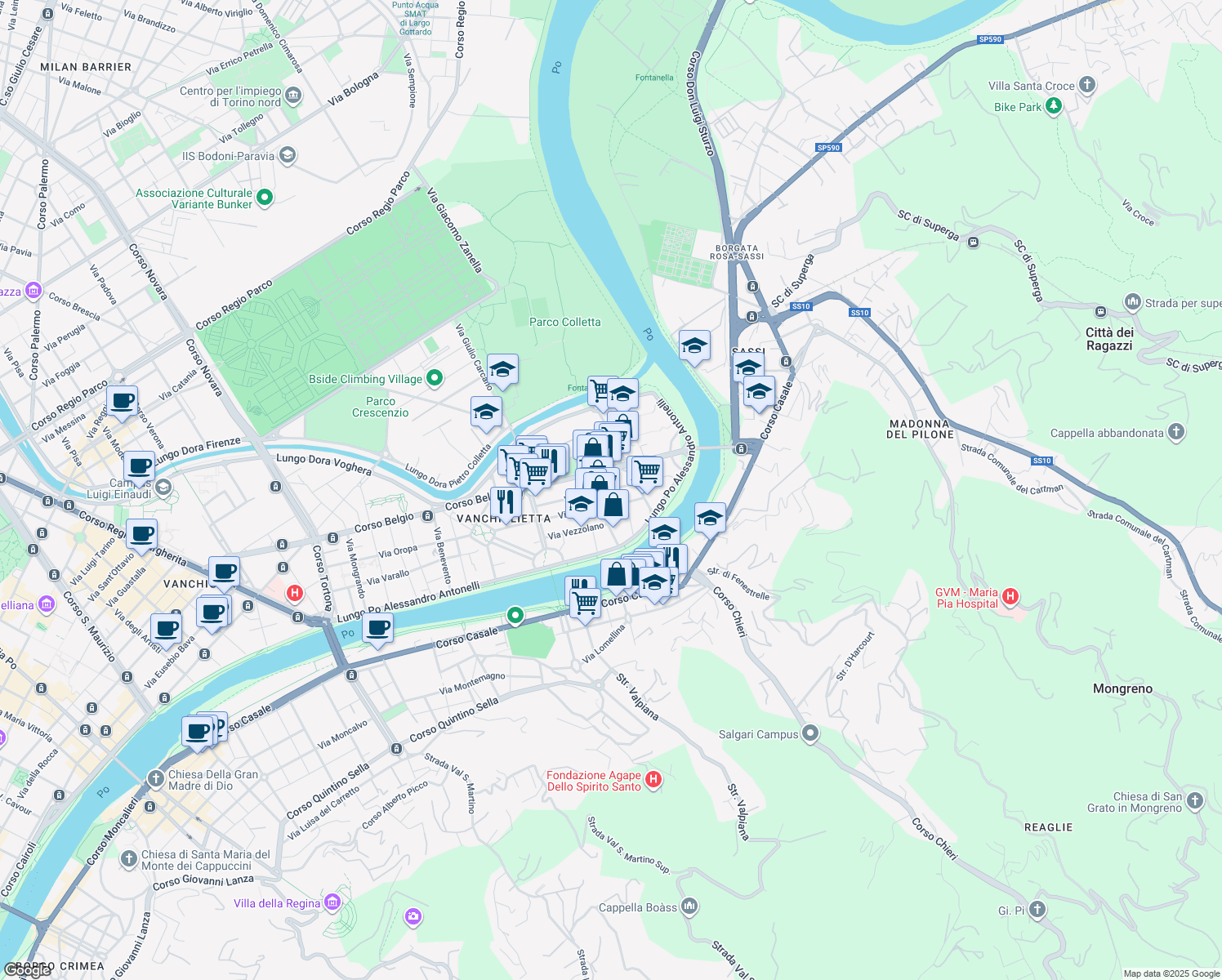 map of restaurants, bars, coffee shops, grocery stores, and more near 40 Via Oslavia in Torino