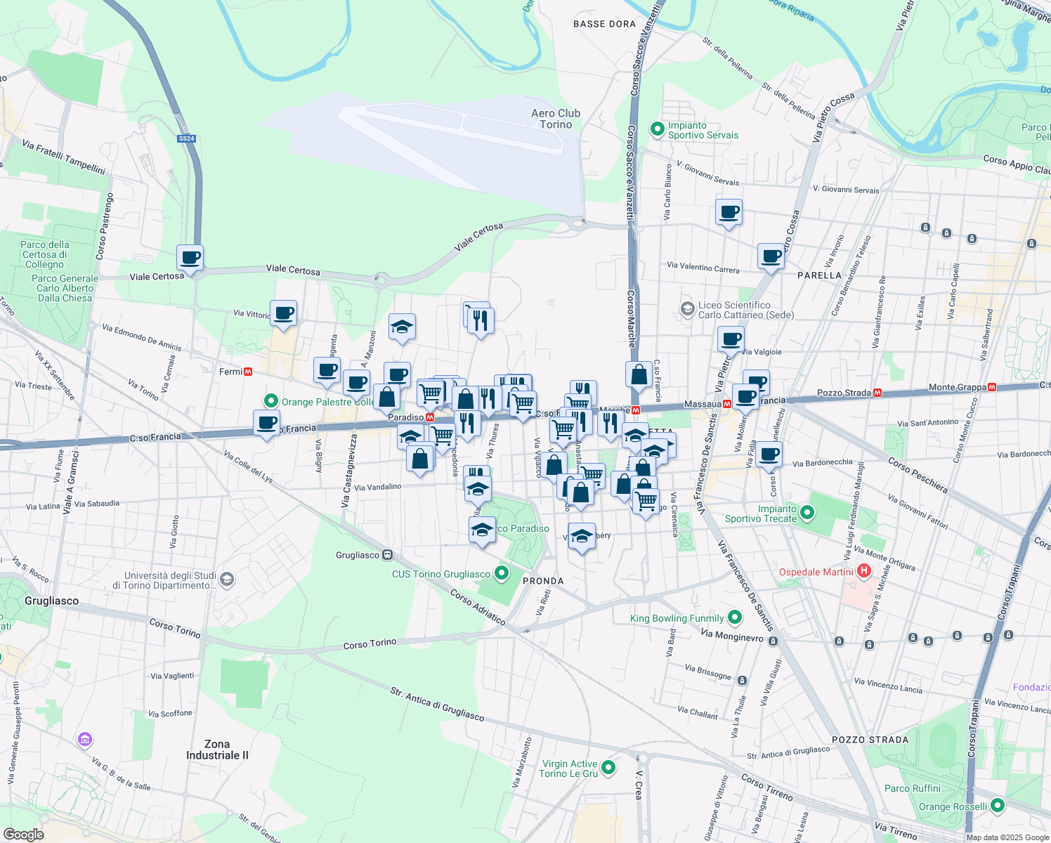 map of restaurants, bars, coffee shops, grocery stores, and more near 3 Via San Giorgio Canavese in Torino