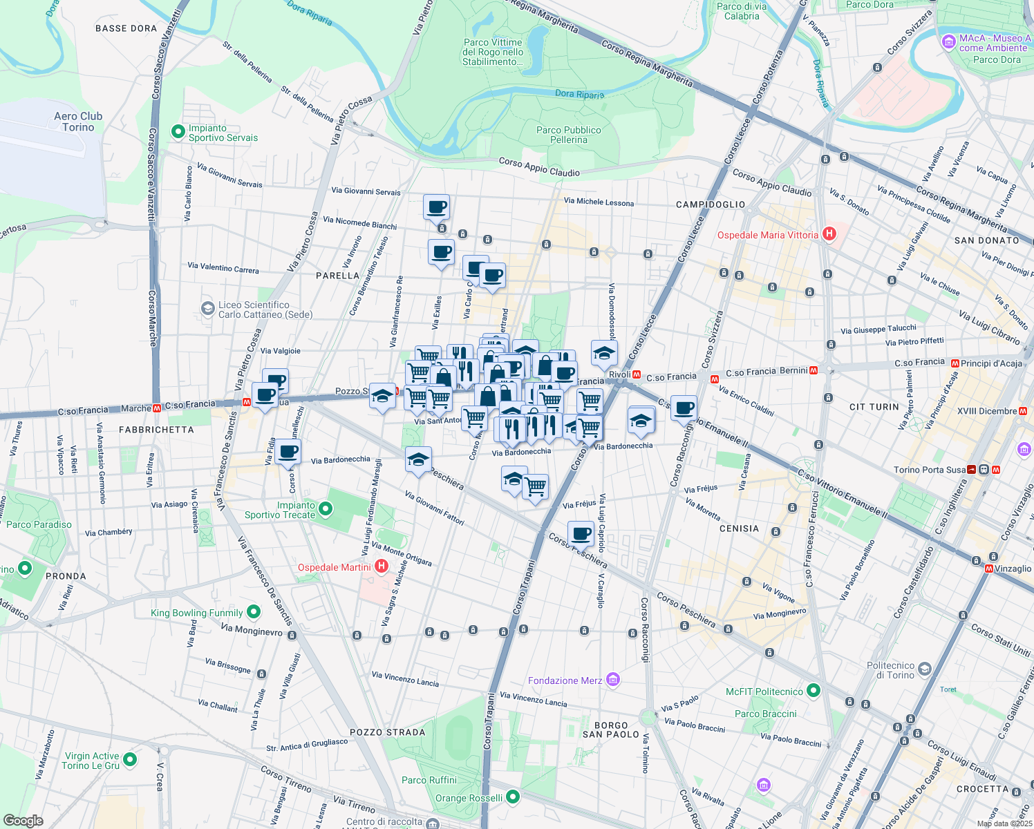 map of restaurants, bars, coffee shops, grocery stores, and more near 16 Via Borgone in Torino