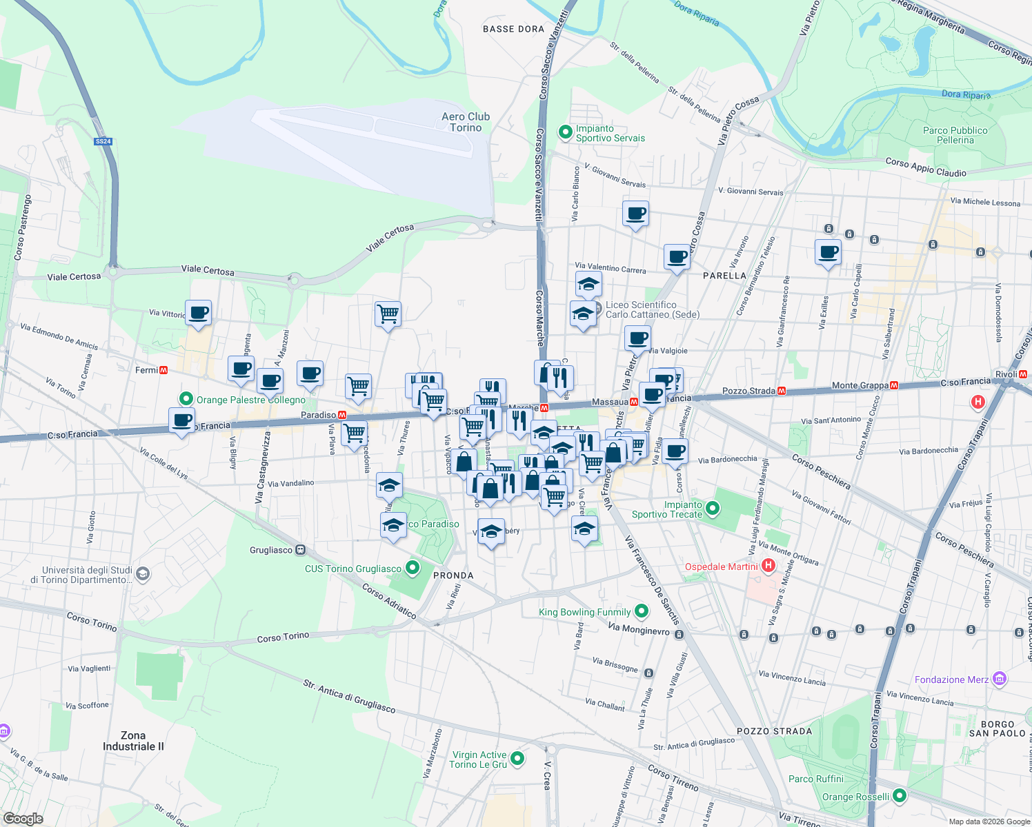map of restaurants, bars, coffee shops, grocery stores, and more near 16 Via Abate Pietro Chanoux 12 in Torino