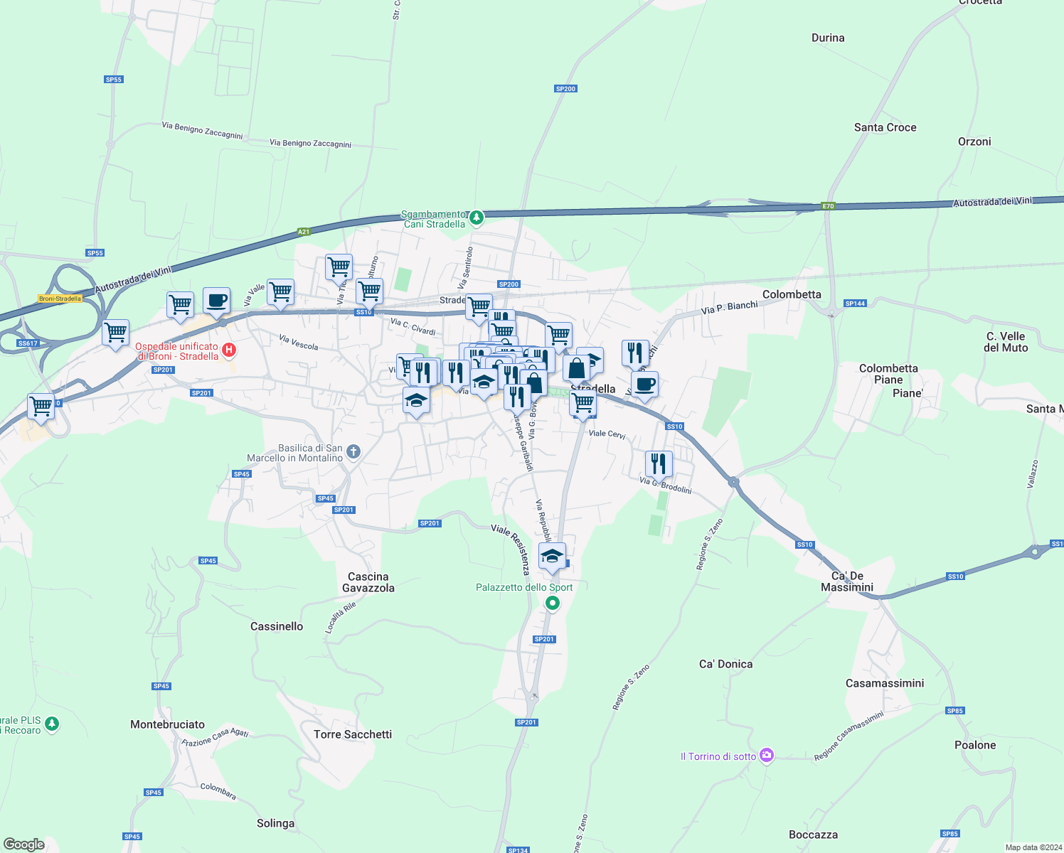 map of restaurants, bars, coffee shops, grocery stores, and more near 5 Via Magnani in Stradella