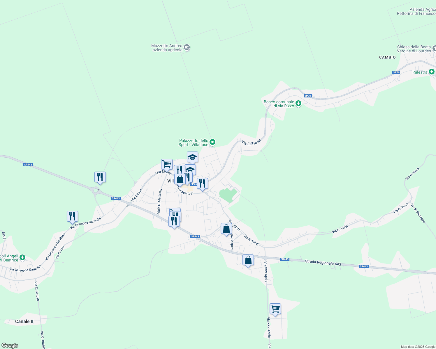 map of restaurants, bars, coffee shops, grocery stores, and more near 66 Via A. A. Rizzo in Villadose