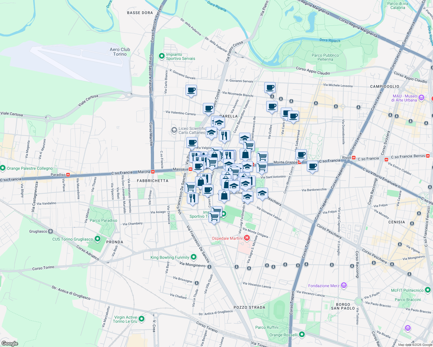 map of restaurants, bars, coffee shops, grocery stores, and more near 1b Corso Filippo Brunelleschi in Torino