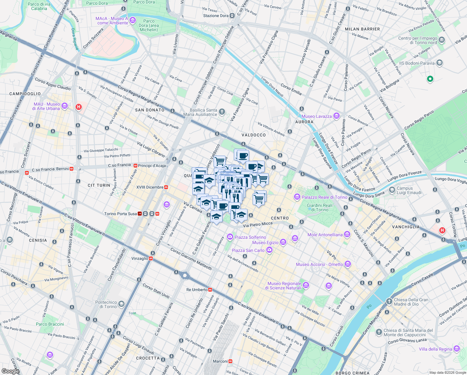 map of restaurants, bars, coffee shops, grocery stores, and more near 4-6 Via della Misericordia in Torino