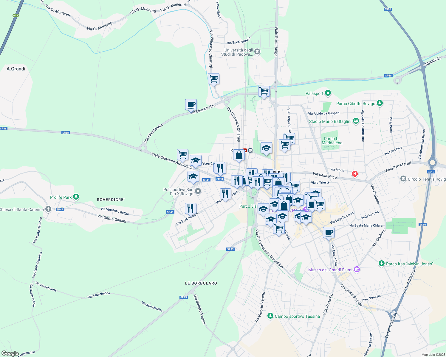 map of restaurants, bars, coffee shops, grocery stores, and more near 31c Viale Giovanni Amendola in Rovigo