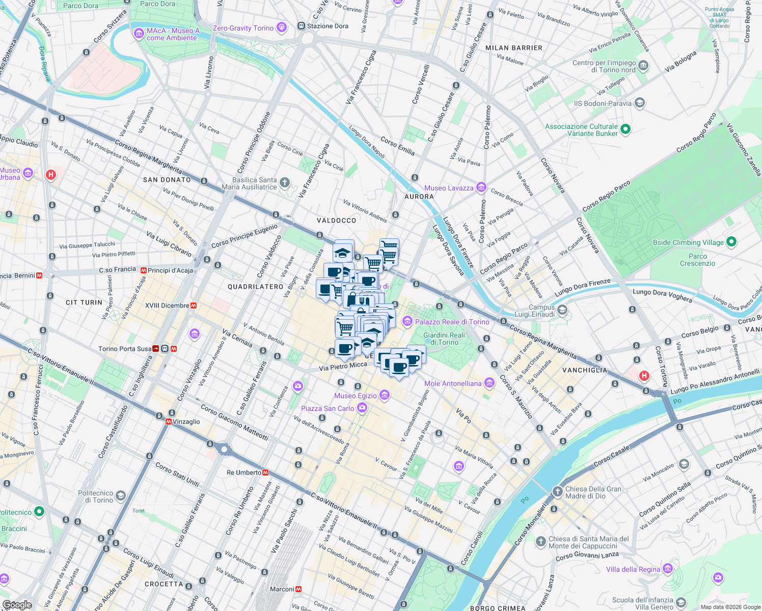 map of restaurants, bars, coffee shops, grocery stores, and more near Via IV Marzo in Turin