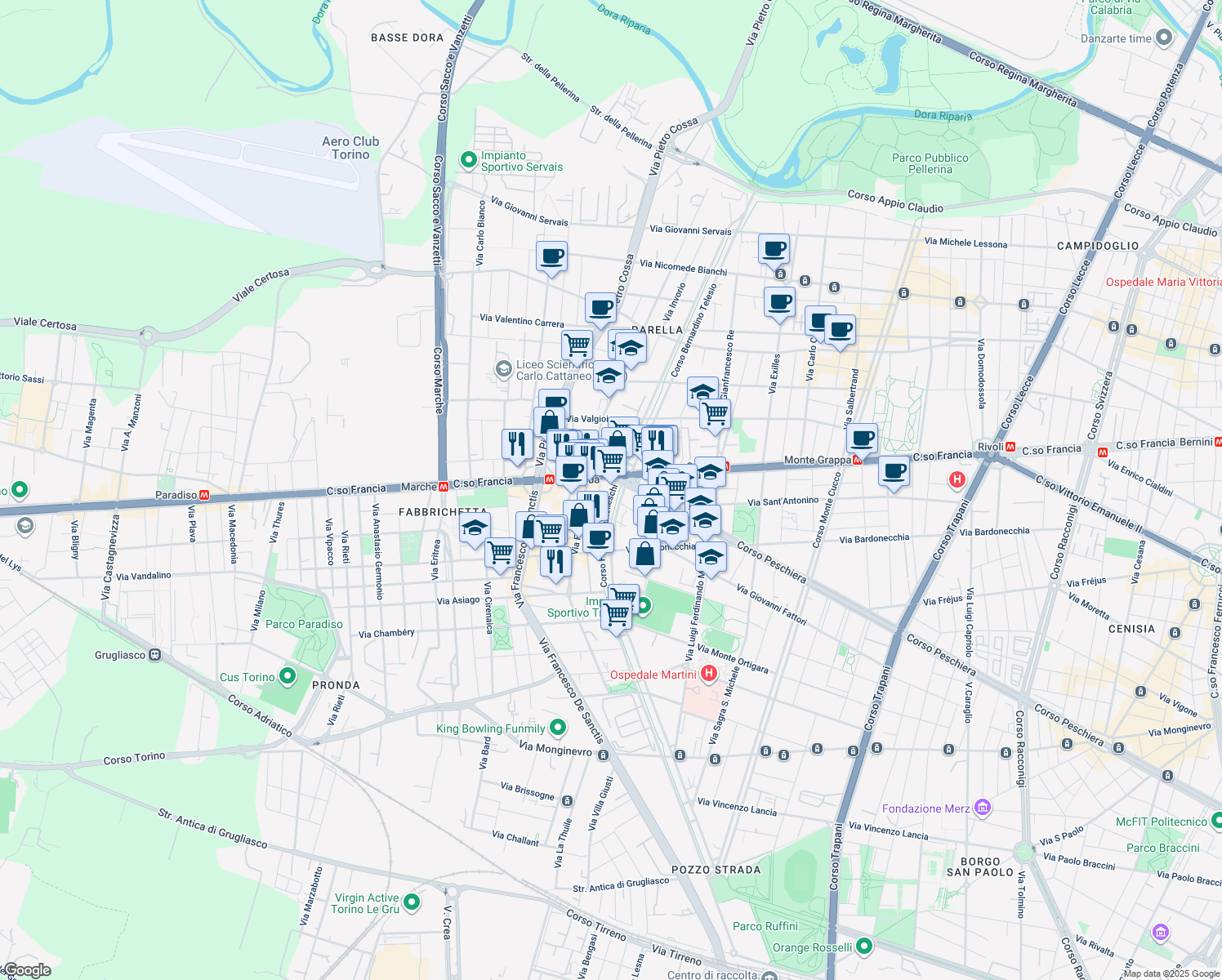 map of restaurants, bars, coffee shops, grocery stores, and more near 18 Corso Filippo Brunelleschi in Torino
