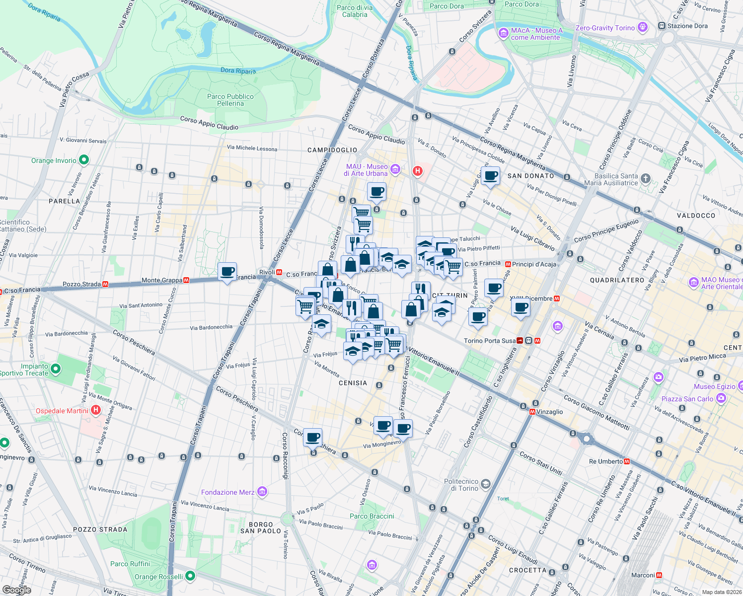 map of restaurants, bars, coffee shops, grocery stores, and more near 1 Via Groscavallo in Turin