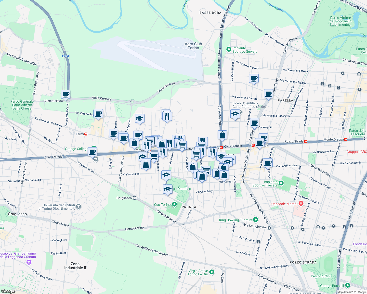 map of restaurants, bars, coffee shops, grocery stores, and more near Via Luigi Pasteur in Torino