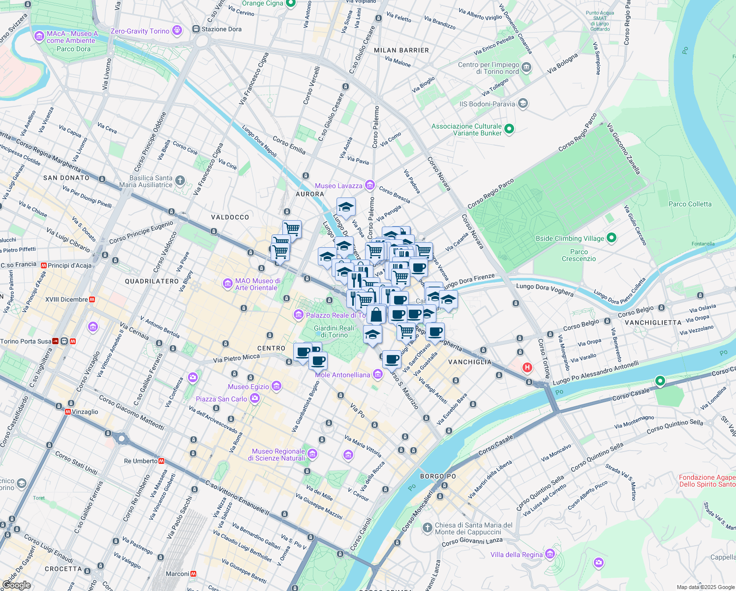 map of restaurants, bars, coffee shops, grocery stores, and more near 8 Lungo Dora Siena in Turin