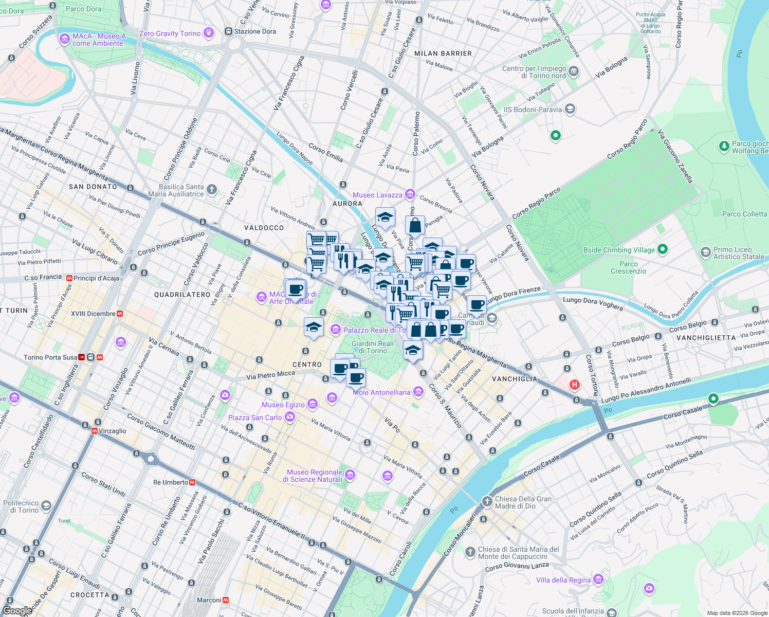 map of restaurants, bars, coffee shops, grocery stores, and more near 4 Corso Regio Parco in Torino
