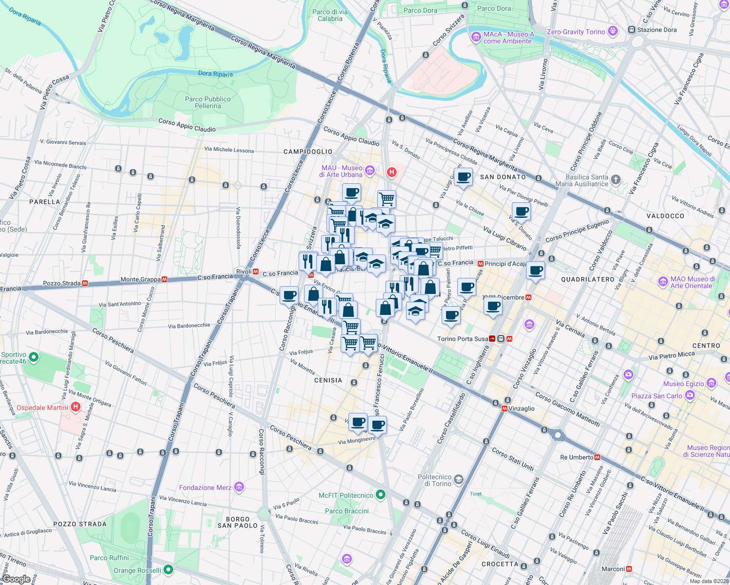 map of restaurants, bars, coffee shops, grocery stores, and more near 7-11 Via Trana in Turin