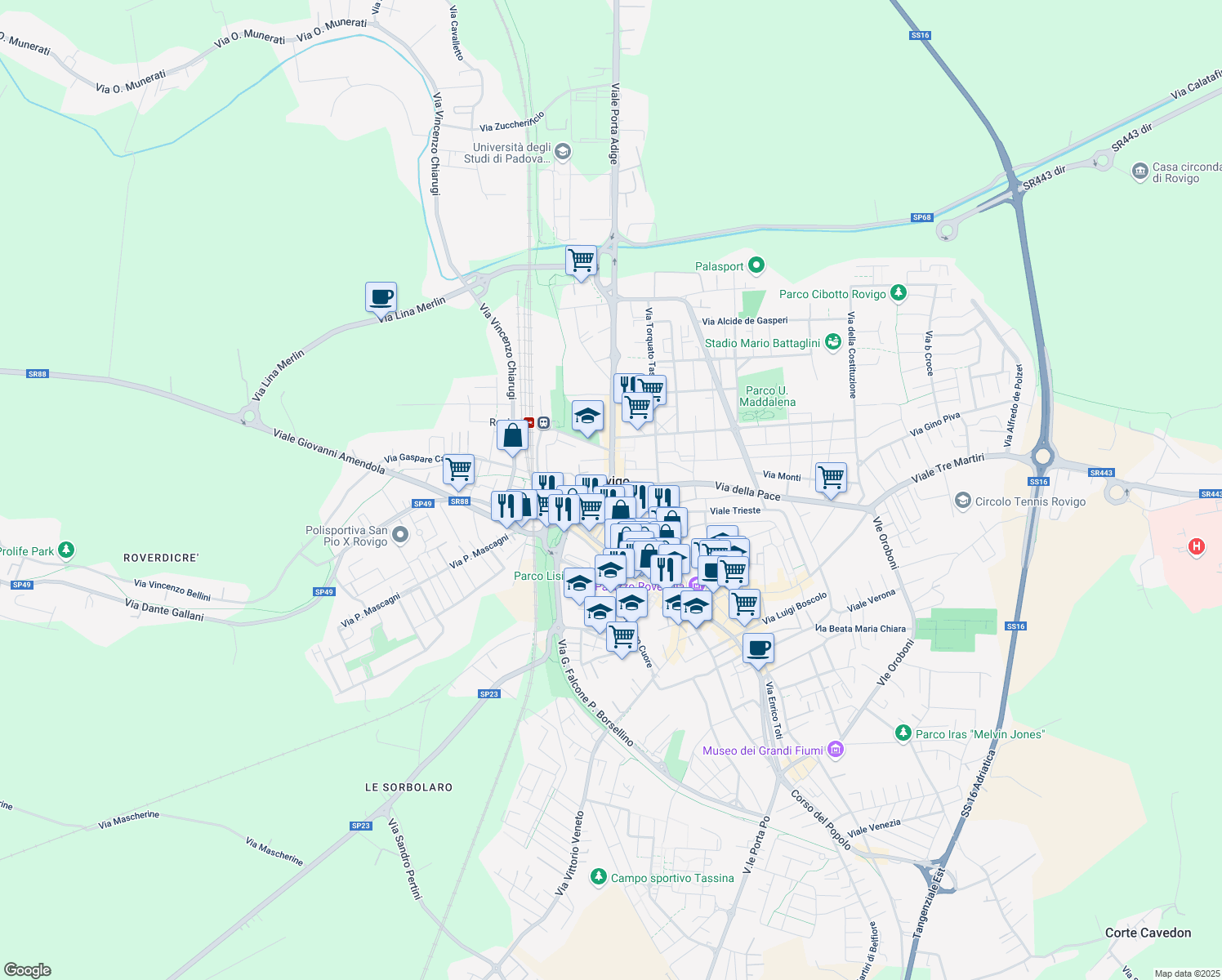 map of restaurants, bars, coffee shops, grocery stores, and more near 29 Viale Regina Margherita in Rovigo