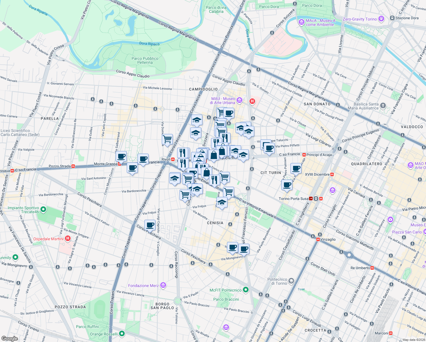 map of restaurants, bars, coffee shops, grocery stores, and more near 216 Corso Vittorio Emanuele II in Torino
