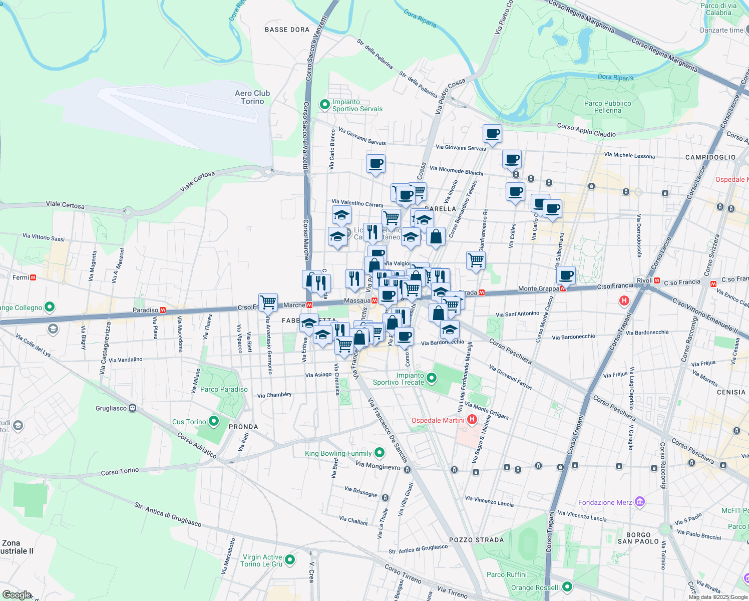 map of restaurants, bars, coffee shops, grocery stores, and more near 4 Piazza Massaua in Torino