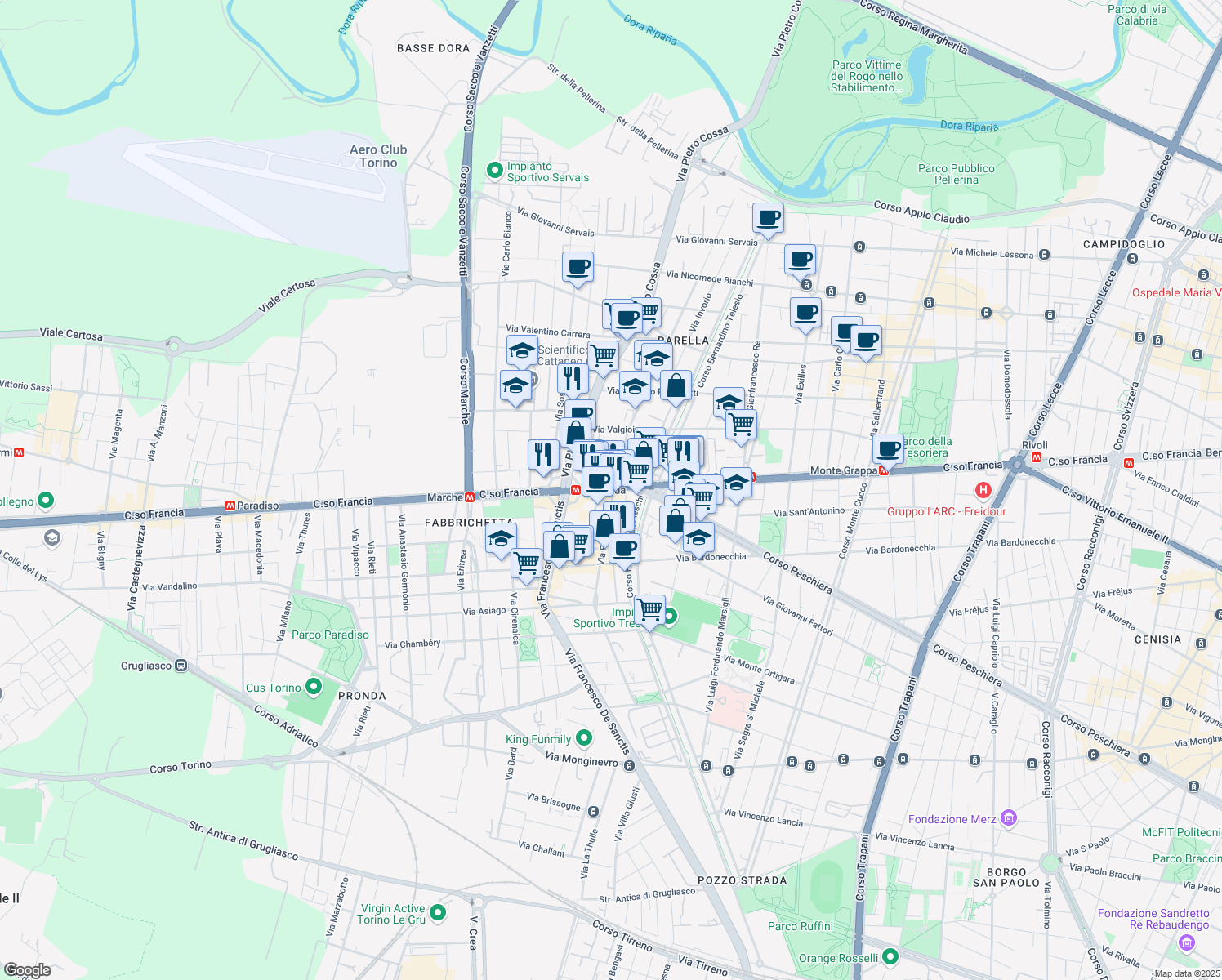 map of restaurants, bars, coffee shops, grocery stores, and more near 312 Corso Francia in Torino