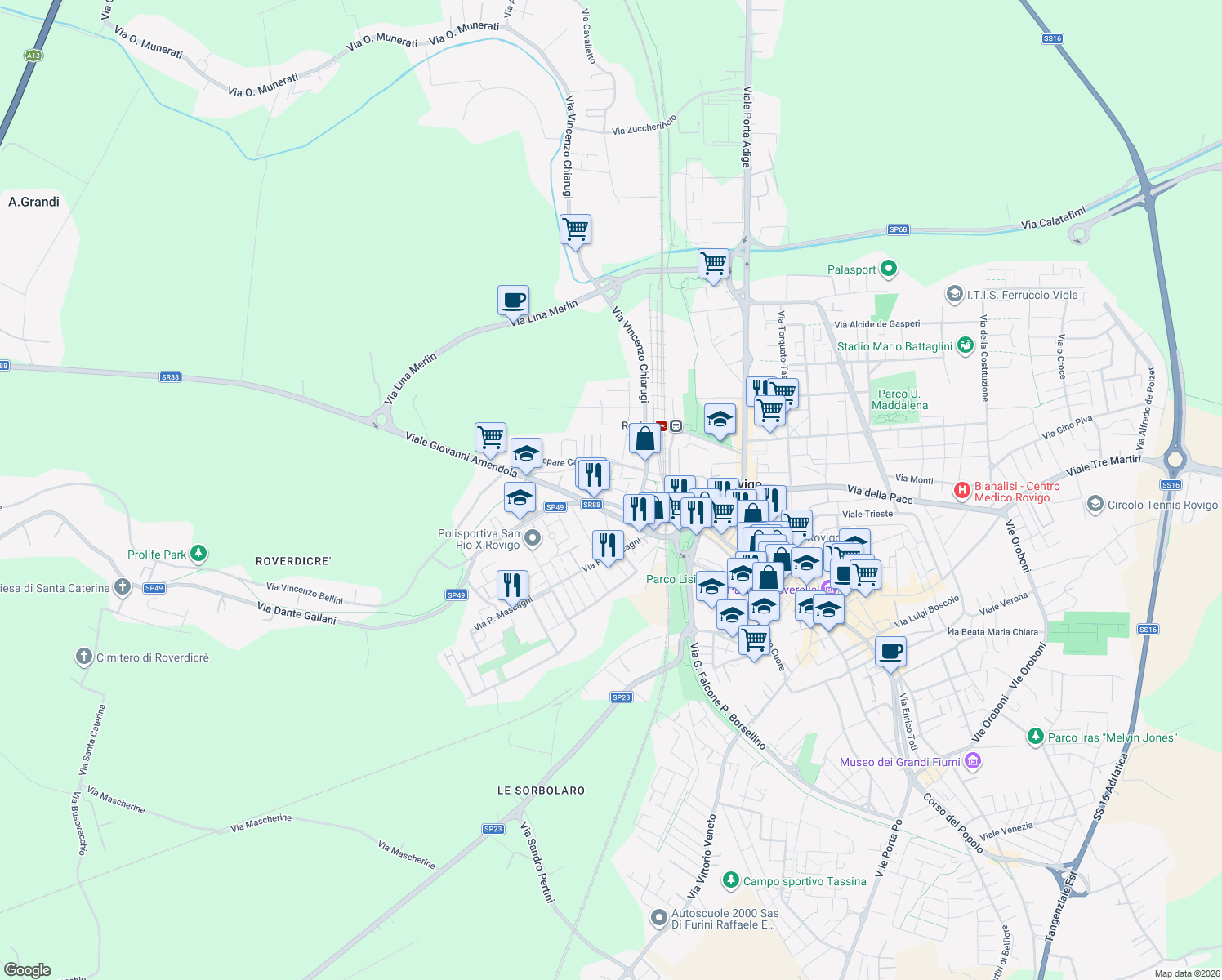 map of restaurants, bars, coffee shops, grocery stores, and more near 47 Via Gaspare Campo in Rovigo