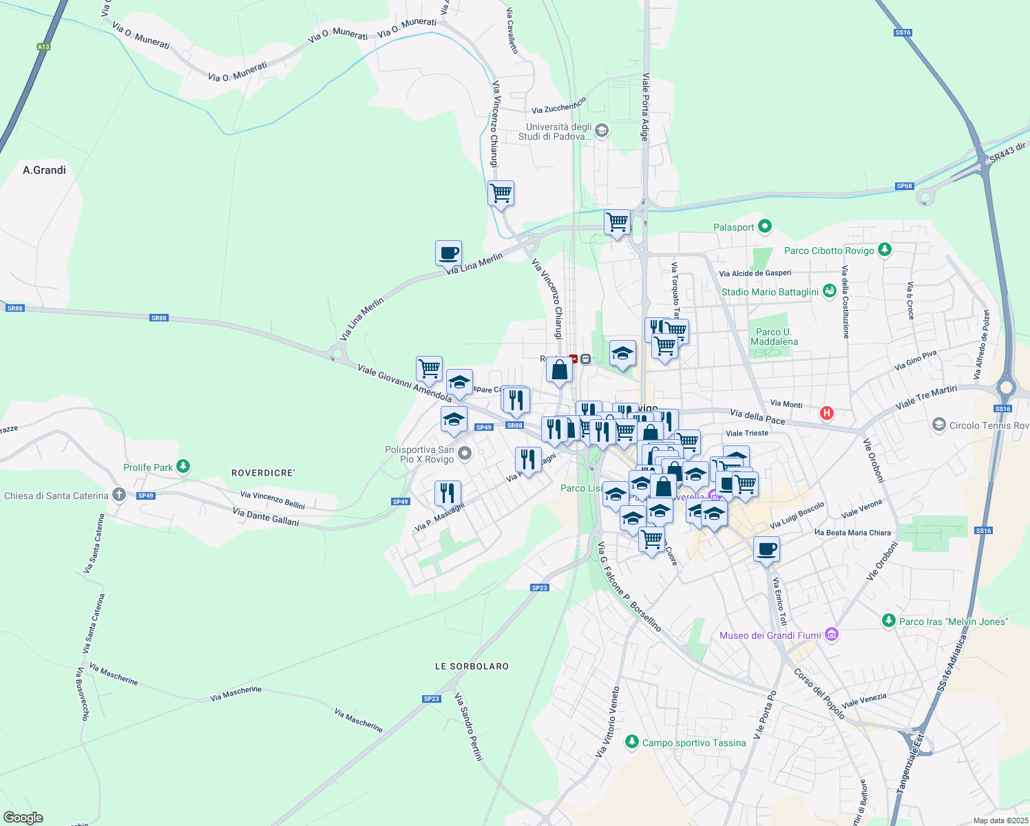 map of restaurants, bars, coffee shops, grocery stores, and more near 4 Via Luigi Galvani in Rovigo