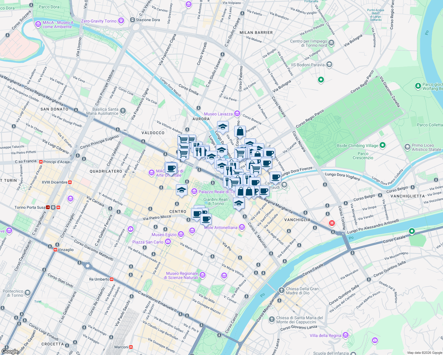 map of restaurants, bars, coffee shops, grocery stores, and more near 4 Corso Regio Parco in Torino