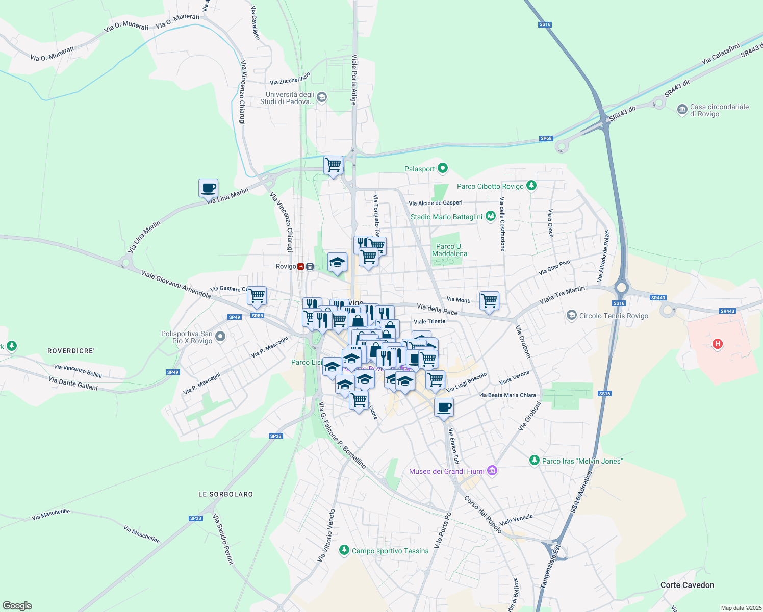 map of restaurants, bars, coffee shops, grocery stores, and more near 3 Viale della Pace in Rovigo
