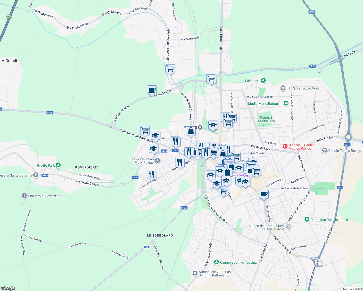 map of restaurants, bars, coffee shops, grocery stores, and more near 47 Via Gaspare Campo in Rovigo