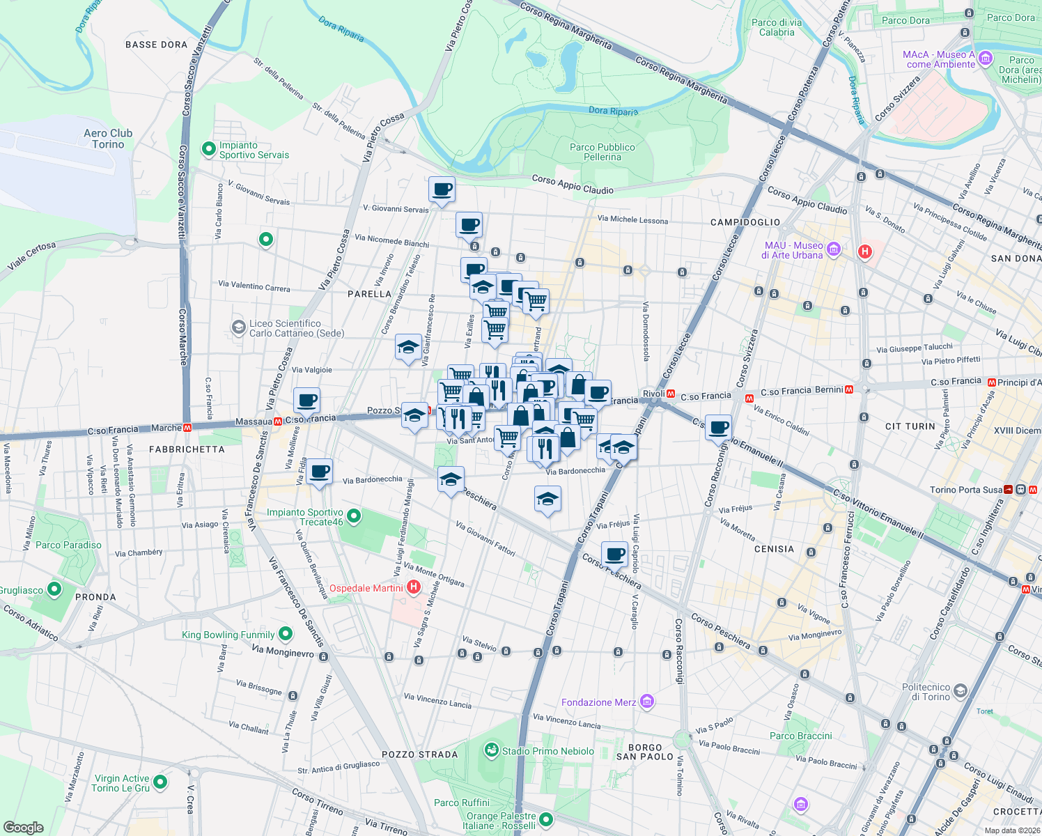 map of restaurants, bars, coffee shops, grocery stores, and more near 8 Corso Monte Cucco in Turin