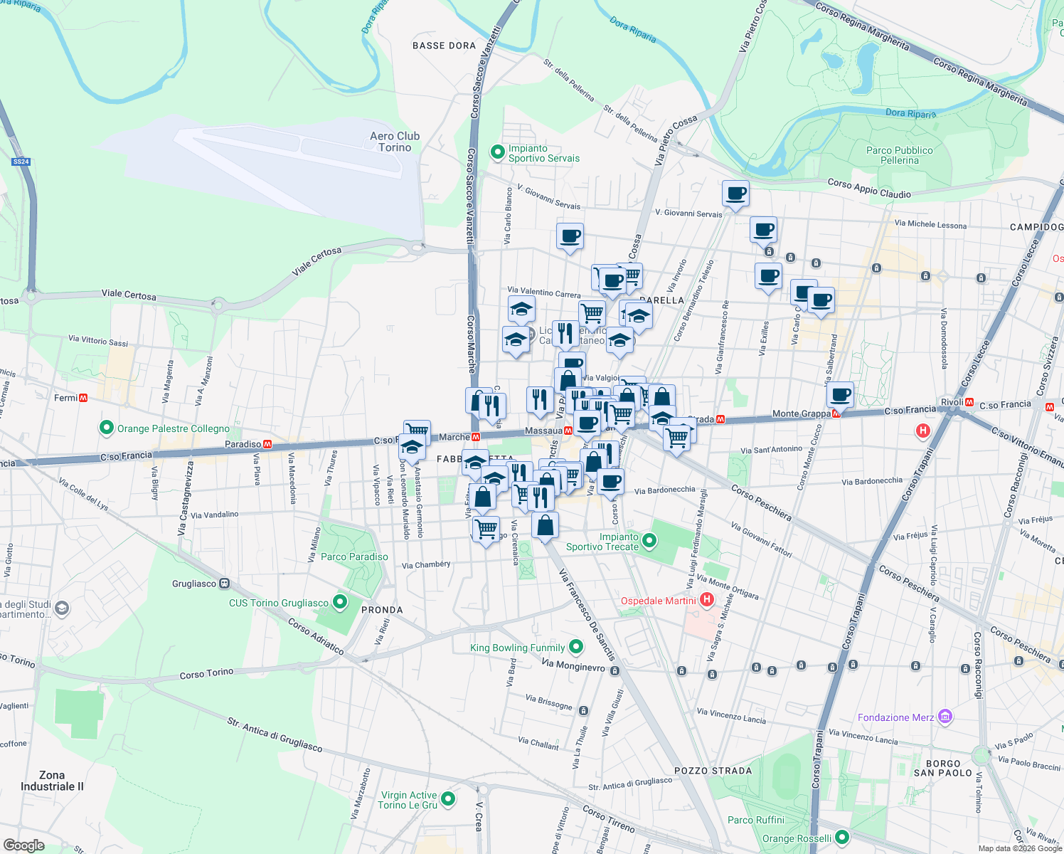 map of restaurants, bars, coffee shops, grocery stores, and more near 18 Piazza Massaua in Torino