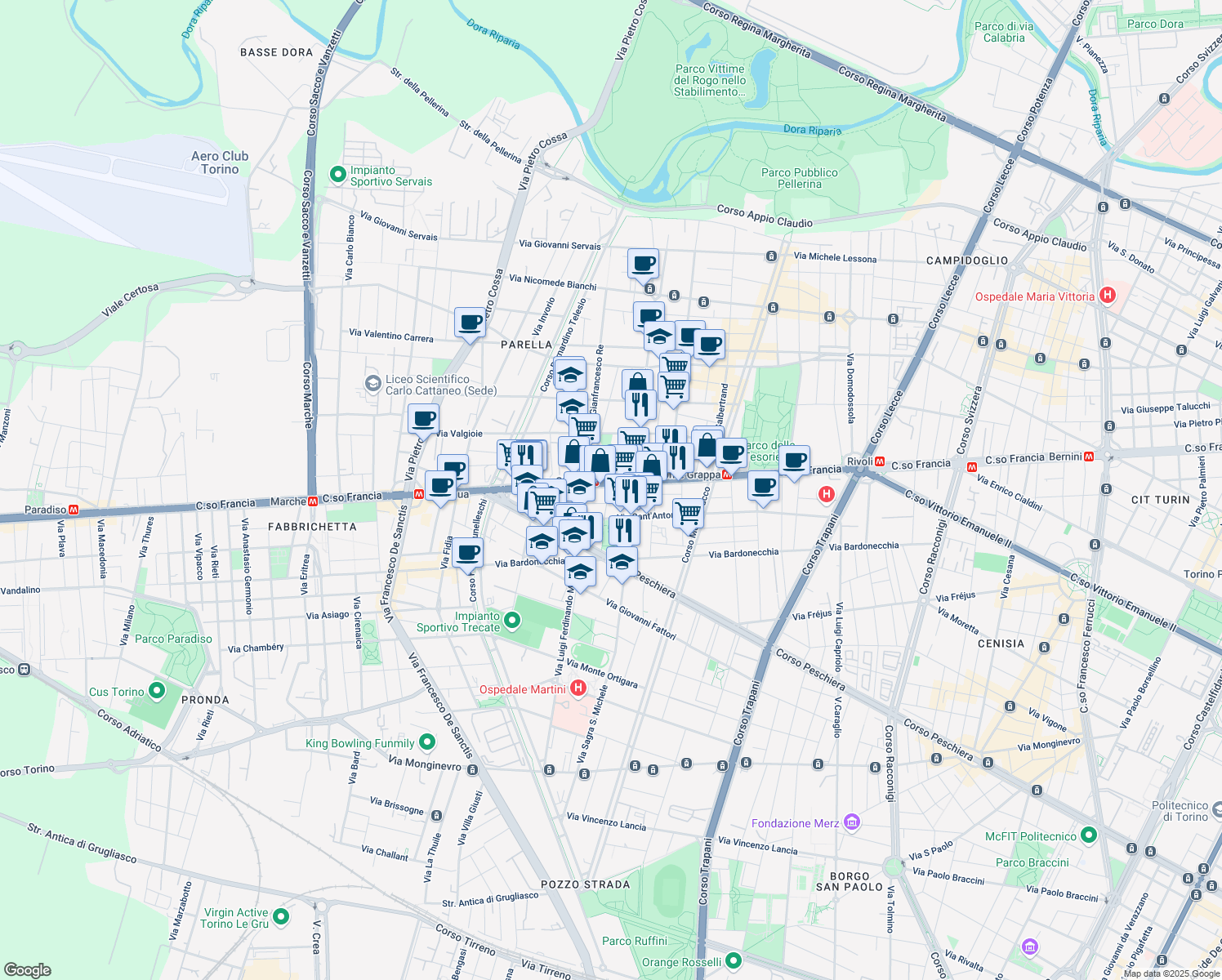 map of restaurants, bars, coffee shops, grocery stores, and more near 253 Corso Francia in Torino