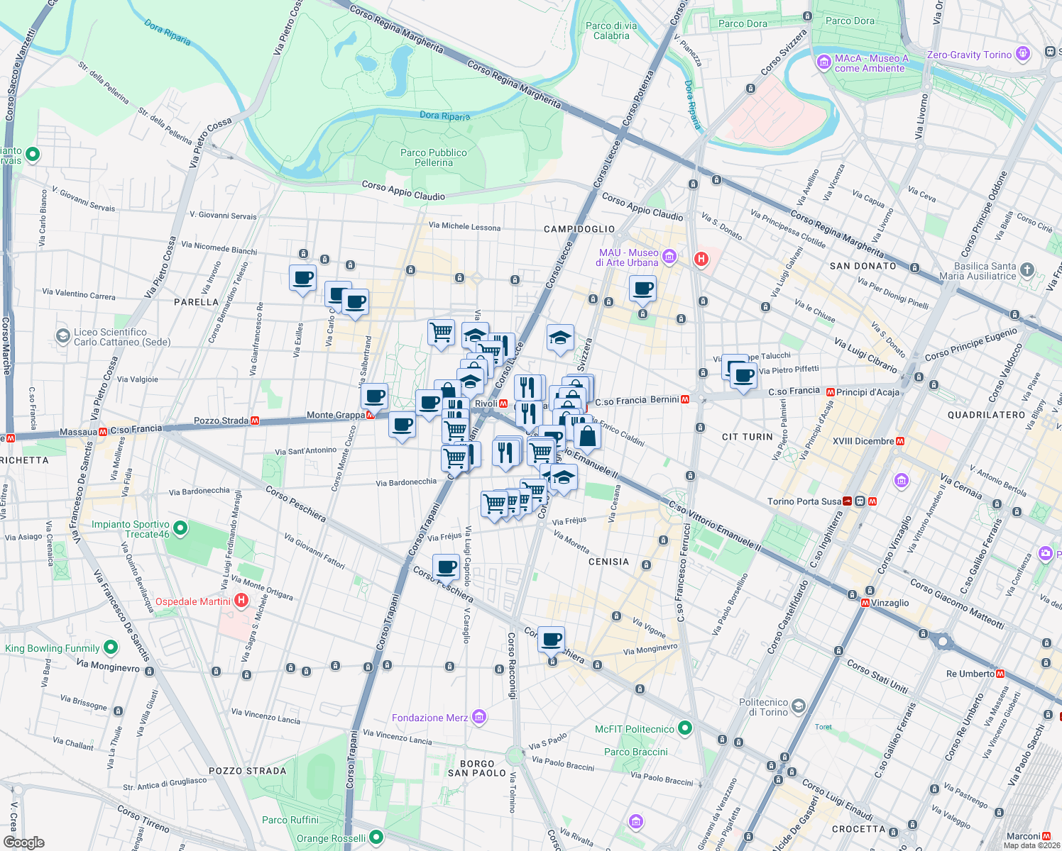 map of restaurants, bars, coffee shops, grocery stores, and more near 216 Corso Vittorio Emanuele II in Torino