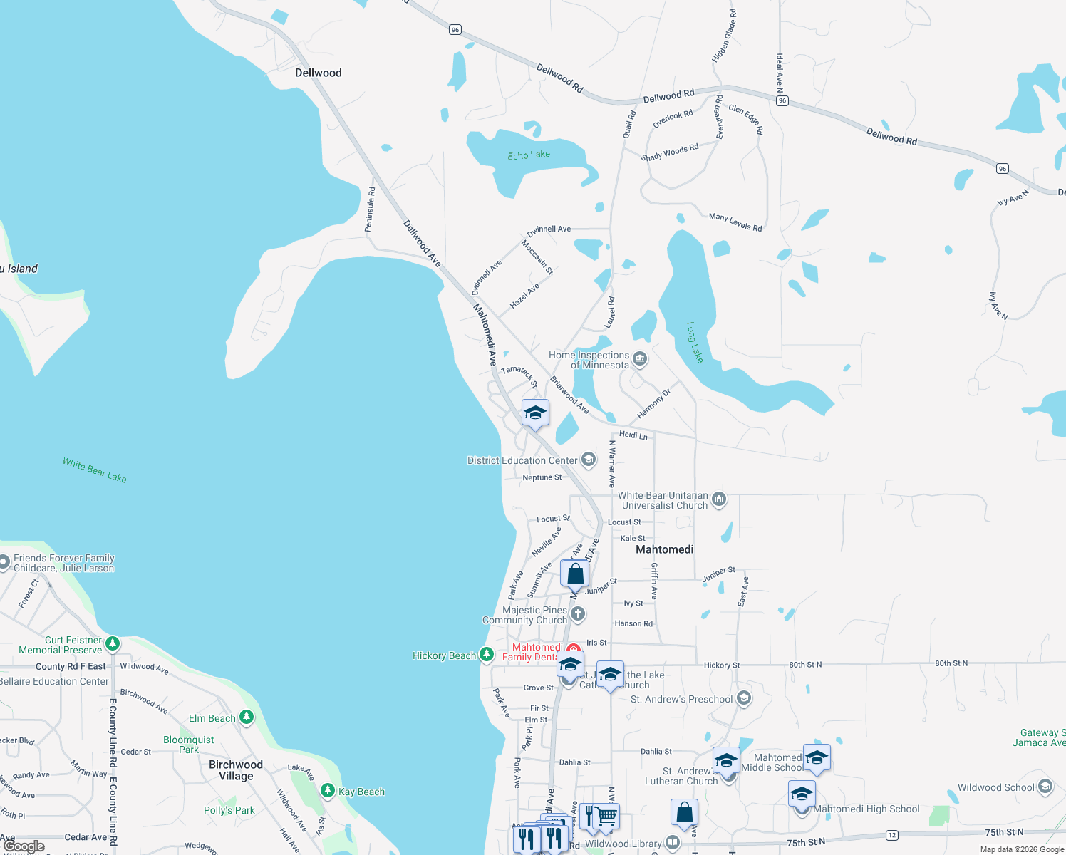 map of restaurants, bars, coffee shops, grocery stores, and more near 1614 Mahtomedi Avenue in Saint Paul