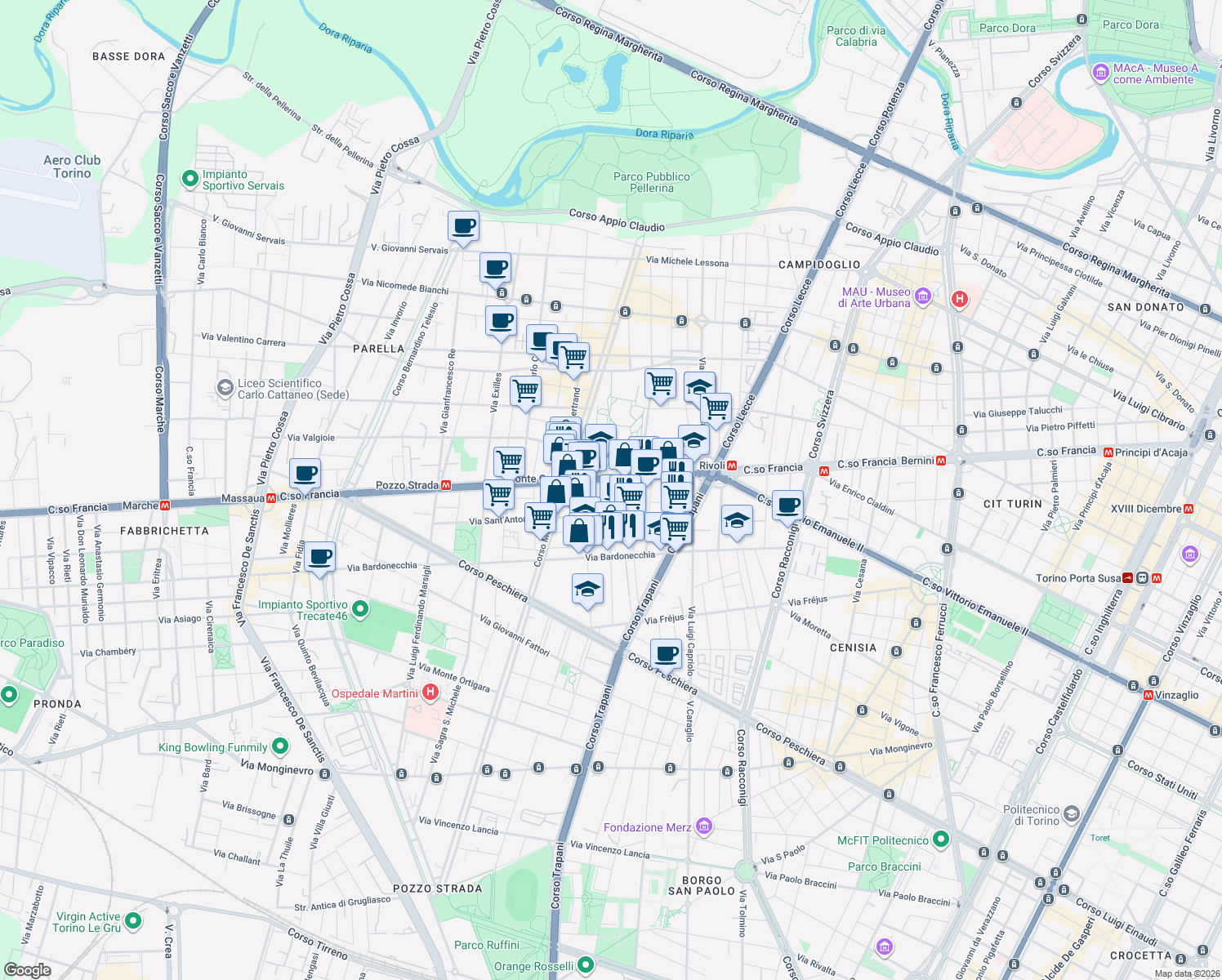 map of restaurants, bars, coffee shops, grocery stores, and more near 3 Via Beaulard in Torino
