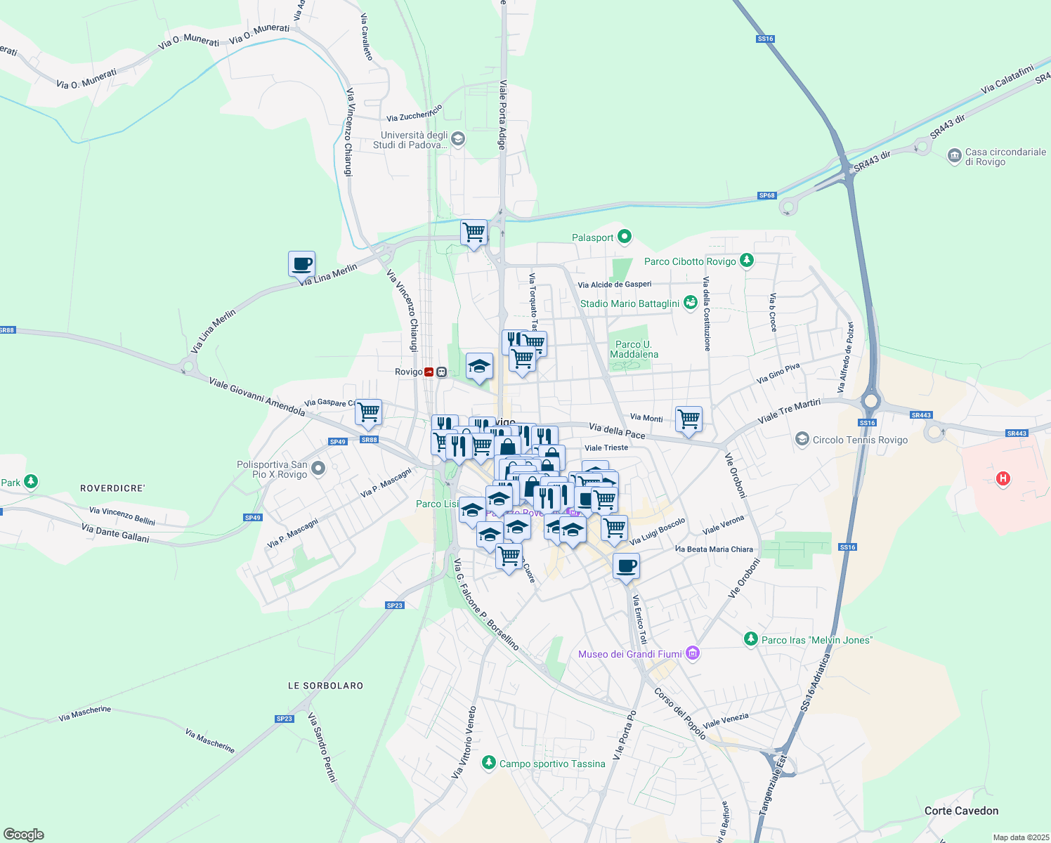 map of restaurants, bars, coffee shops, grocery stores, and more near 3 Viale della Pace in Rovigo