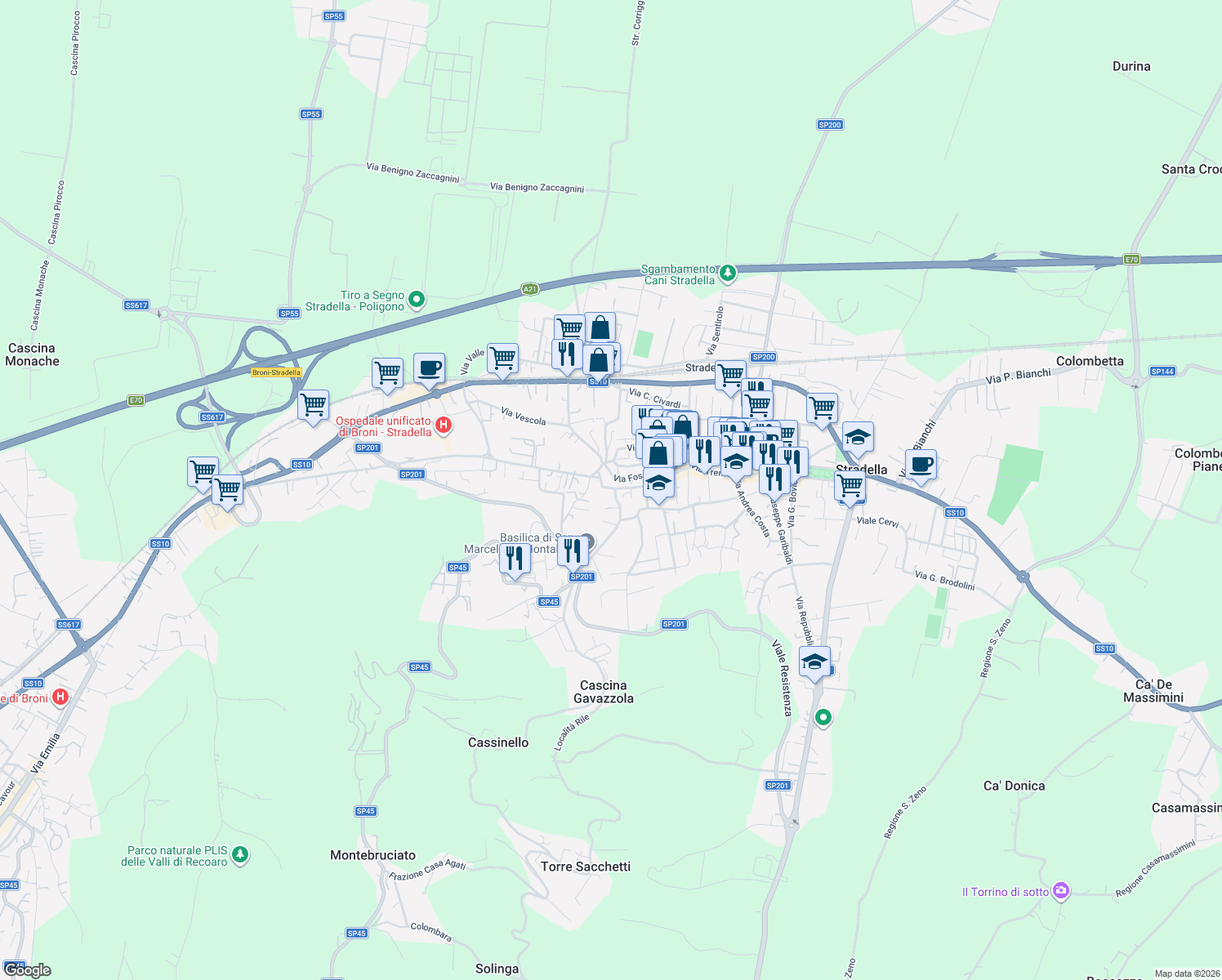 map of restaurants, bars, coffee shops, grocery stores, and more near 51 Via Montebello in Stradella