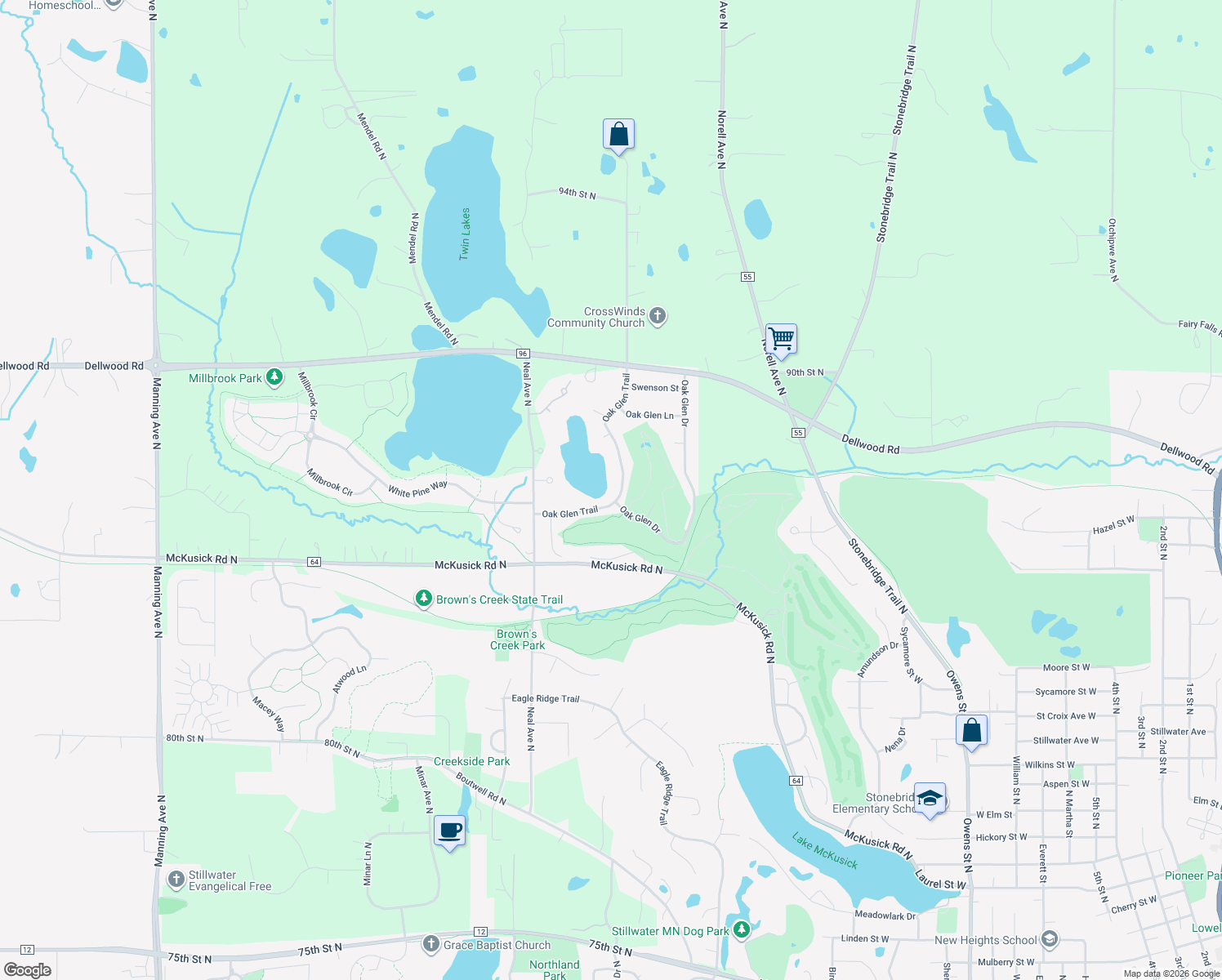 map of restaurants, bars, coffee shops, grocery stores, and more near 2010 Oak Glen Trail in Stillwater