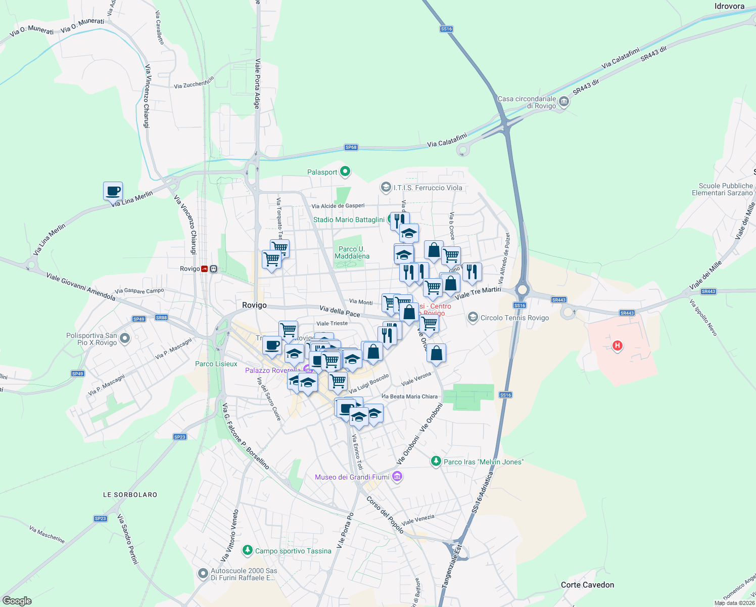 map of restaurants, bars, coffee shops, grocery stores, and more near 25 Via Monti in Rovigo