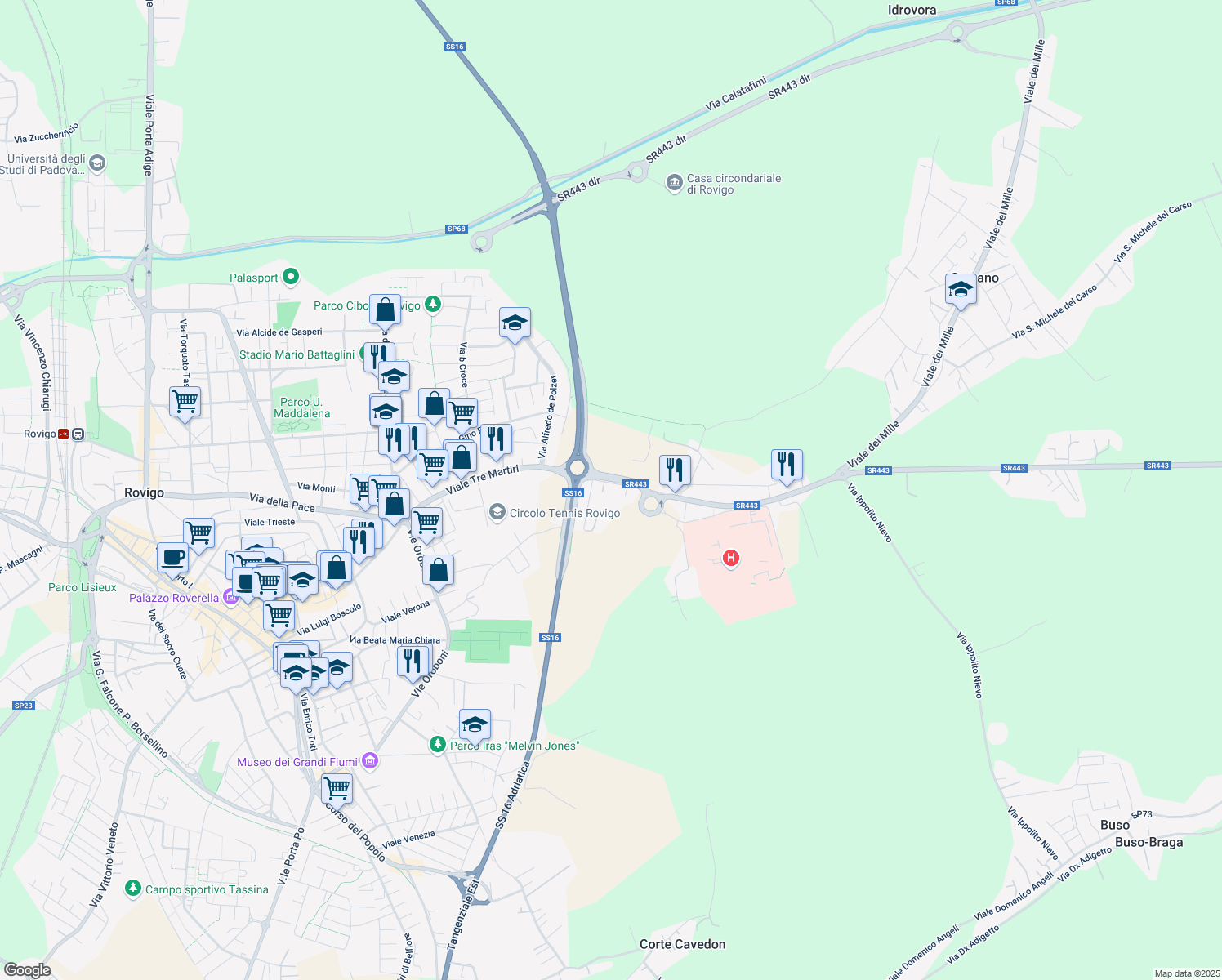 map of restaurants, bars, coffee shops, grocery stores, and more near 68 Viale Tre Martiri in Rovigo