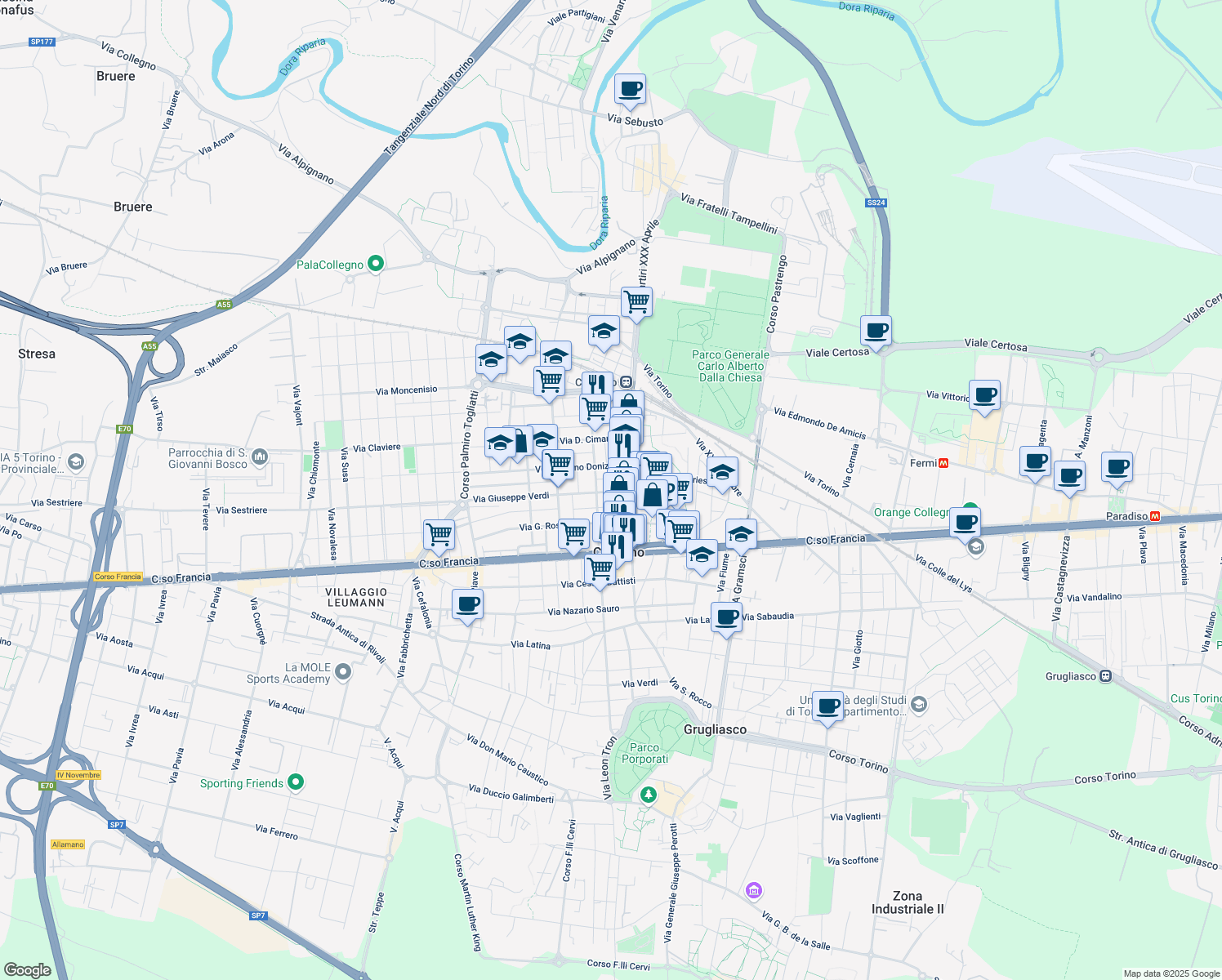 map of restaurants, bars, coffee shops, grocery stores, and more near 8 Via Giuseppe Verdi in Collegno