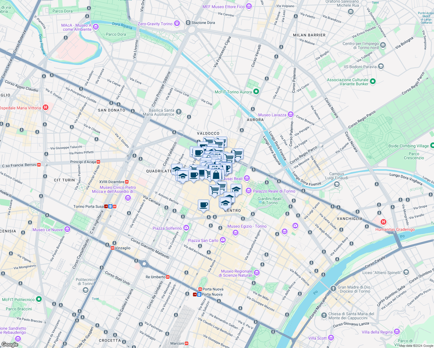 map of restaurants, bars, coffee shops, grocery stores, and more near 1 Via Santa Chiara in Torino