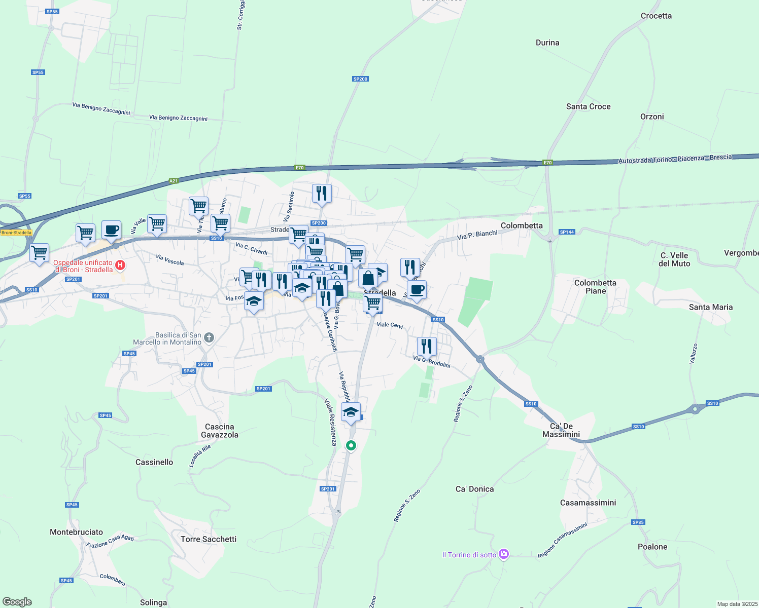 map of restaurants, bars, coffee shops, grocery stores, and more near 12 Via Giuseppe di Vittorio in Stradella