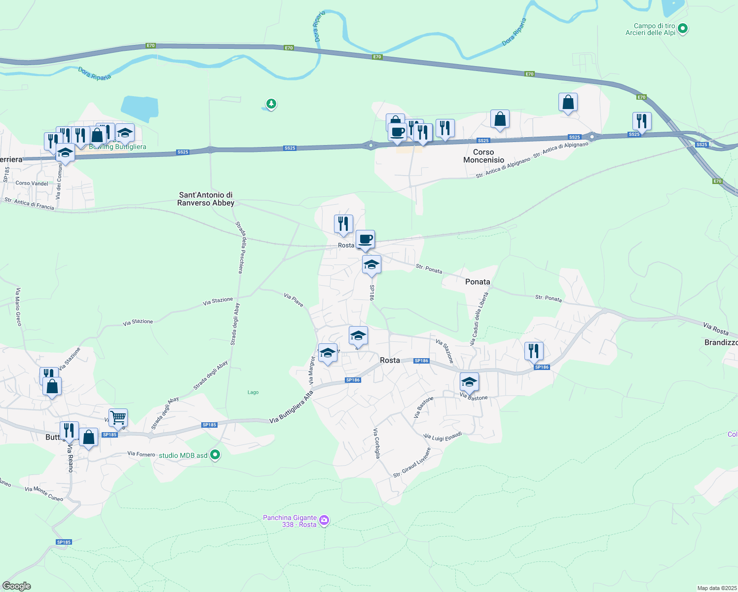 map of restaurants, bars, coffee shops, grocery stores, and more near 57 Via Stazione in Rosta