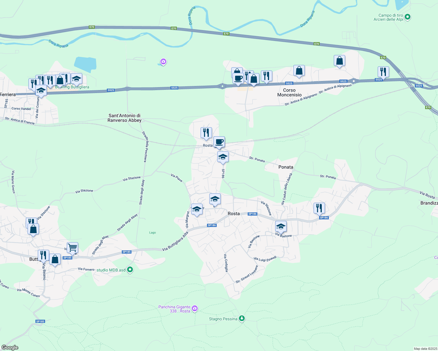 map of restaurants, bars, coffee shops, grocery stores, and more near 57 Via Stazione in Rosta