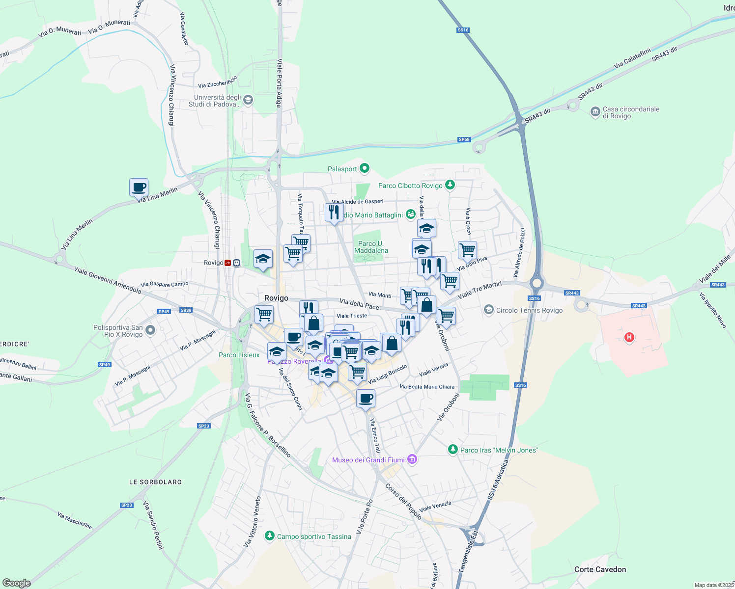 map of restaurants, bars, coffee shops, grocery stores, and more near 2 Via Monti in Rovigo