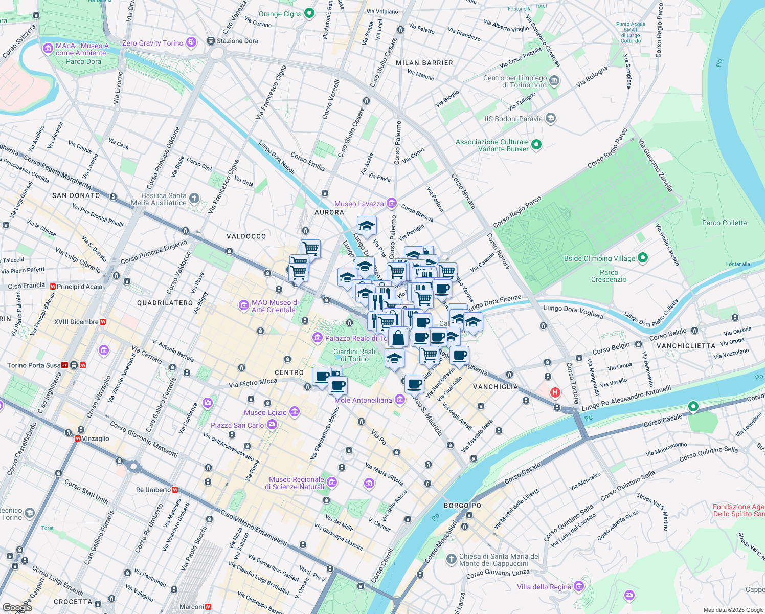map of restaurants, bars, coffee shops, grocery stores, and more near 8 Lungo Dora Siena in Turin