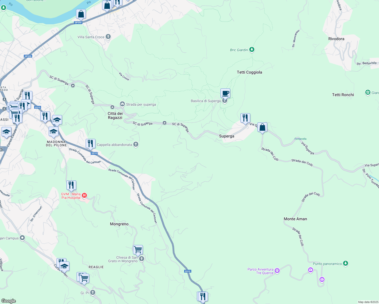map of restaurants, bars, coffee shops, grocery stores, and more near 84 Strada Tetti Bertoglio in Città Metropolitana di Torino