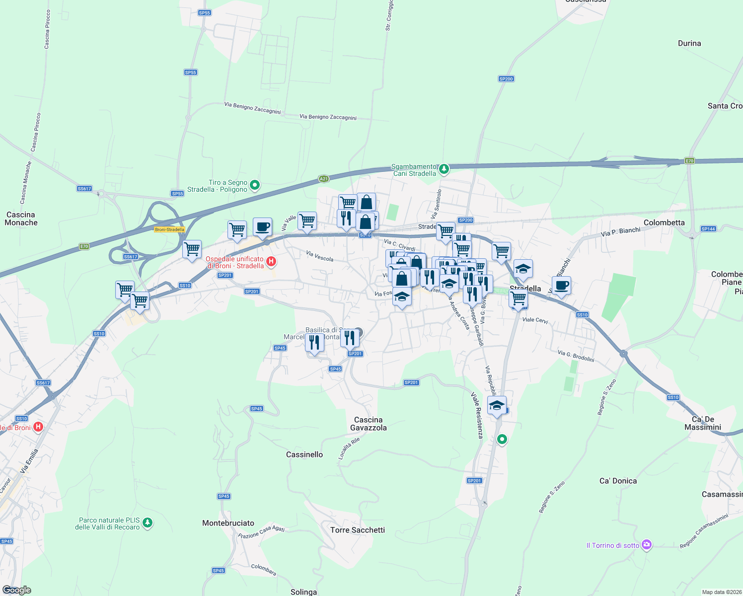 map of restaurants, bars, coffee shops, grocery stores, and more near 51 Via Montebello in Stradella
